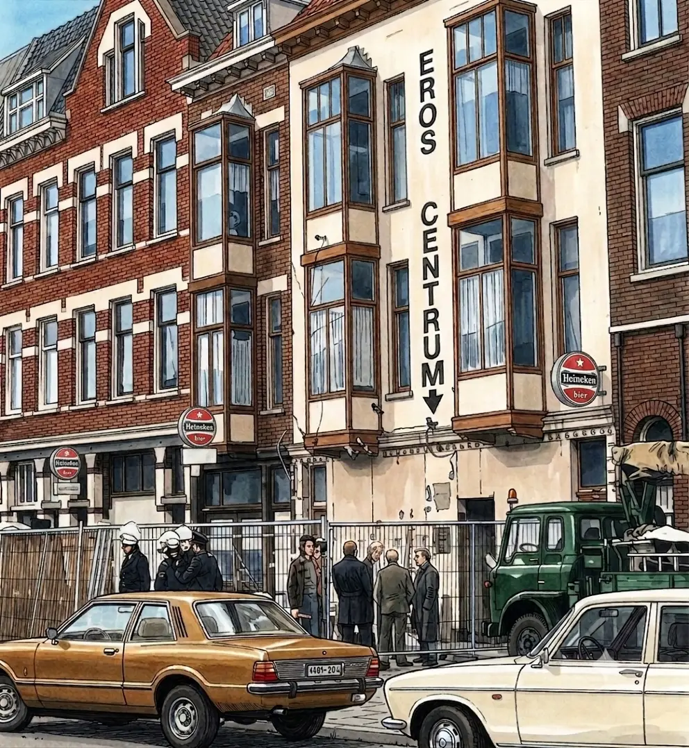 Het Eroscentrum aan de Veerlaan, met politieagenten en omstanders achter een bouwhek en geparkeerde auto's uit de jaren zeventig