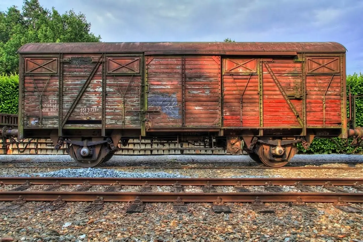 Een oude, rood geschilderde houten goederenwagon op het spoor