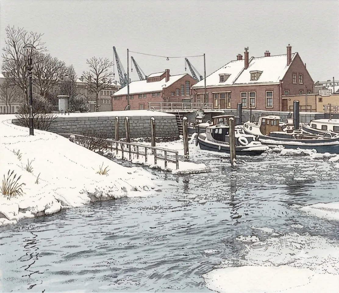 Een kleine haven in de sneeuw met sleepbootjes, een stenen kade en bakstenen havengebouwen