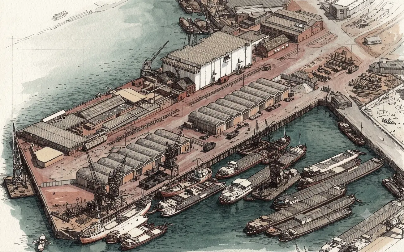 Een tekening van de havens van Katendrecht van bovenaf, met loodsen, kranen en een haven vol binnenvaartschepen