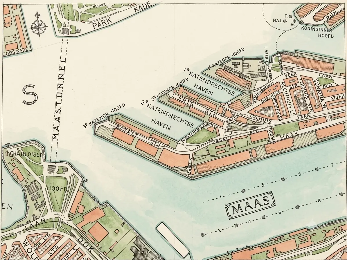 Oude ingekleurde kaart van Katendrecht met de Katendrechtse havens, de Maas en de straatnamen