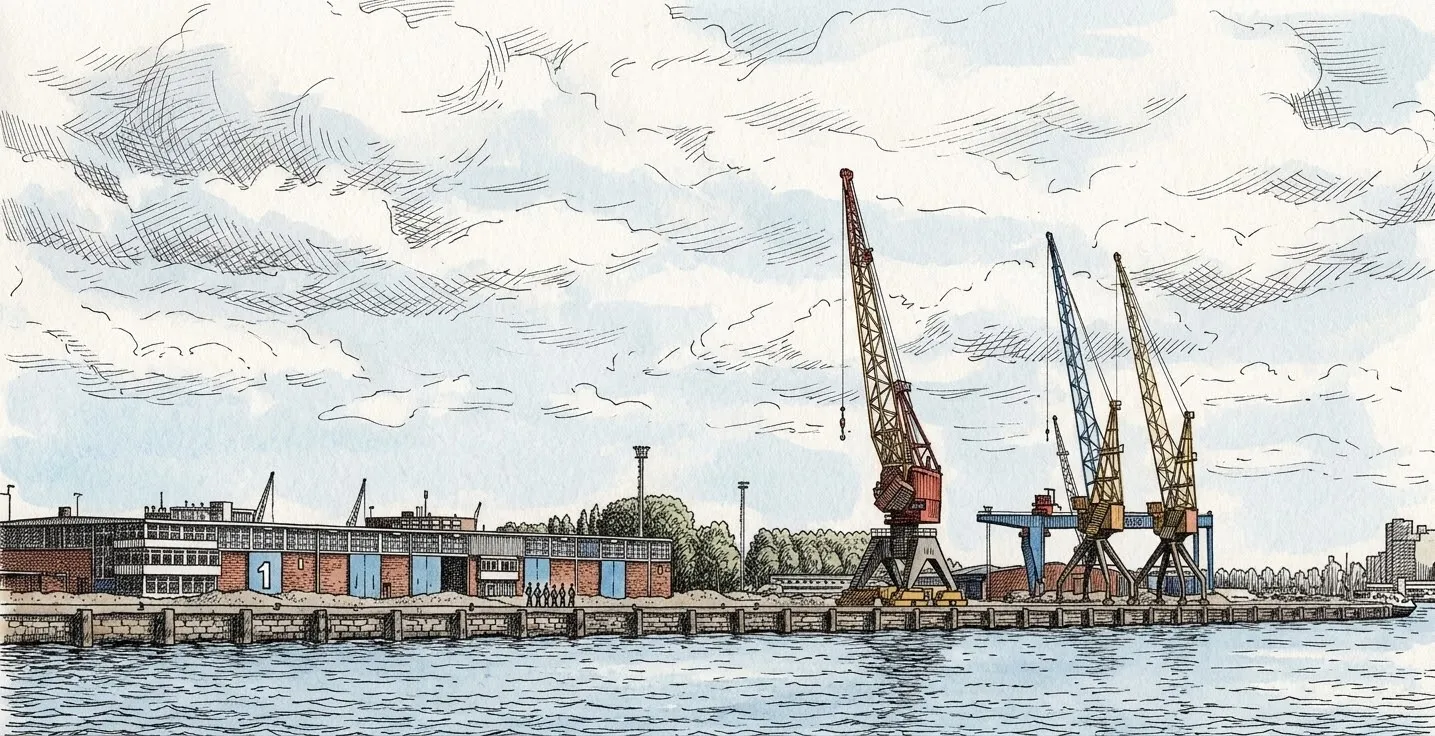 Havenkranen en loodsen langs de kade aan de Maas