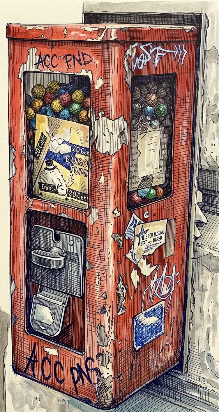 Een oude, rode kauwgomballenautomaat met afbladderende verf, stickers en graffiti