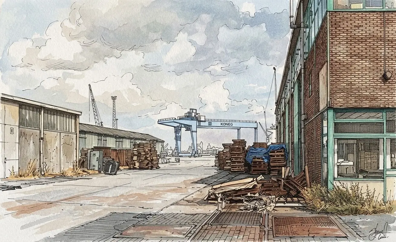 Een verlaten havenstraat tussen loodsen, met stapels pallets en in de verte een blauwe portaalkraan