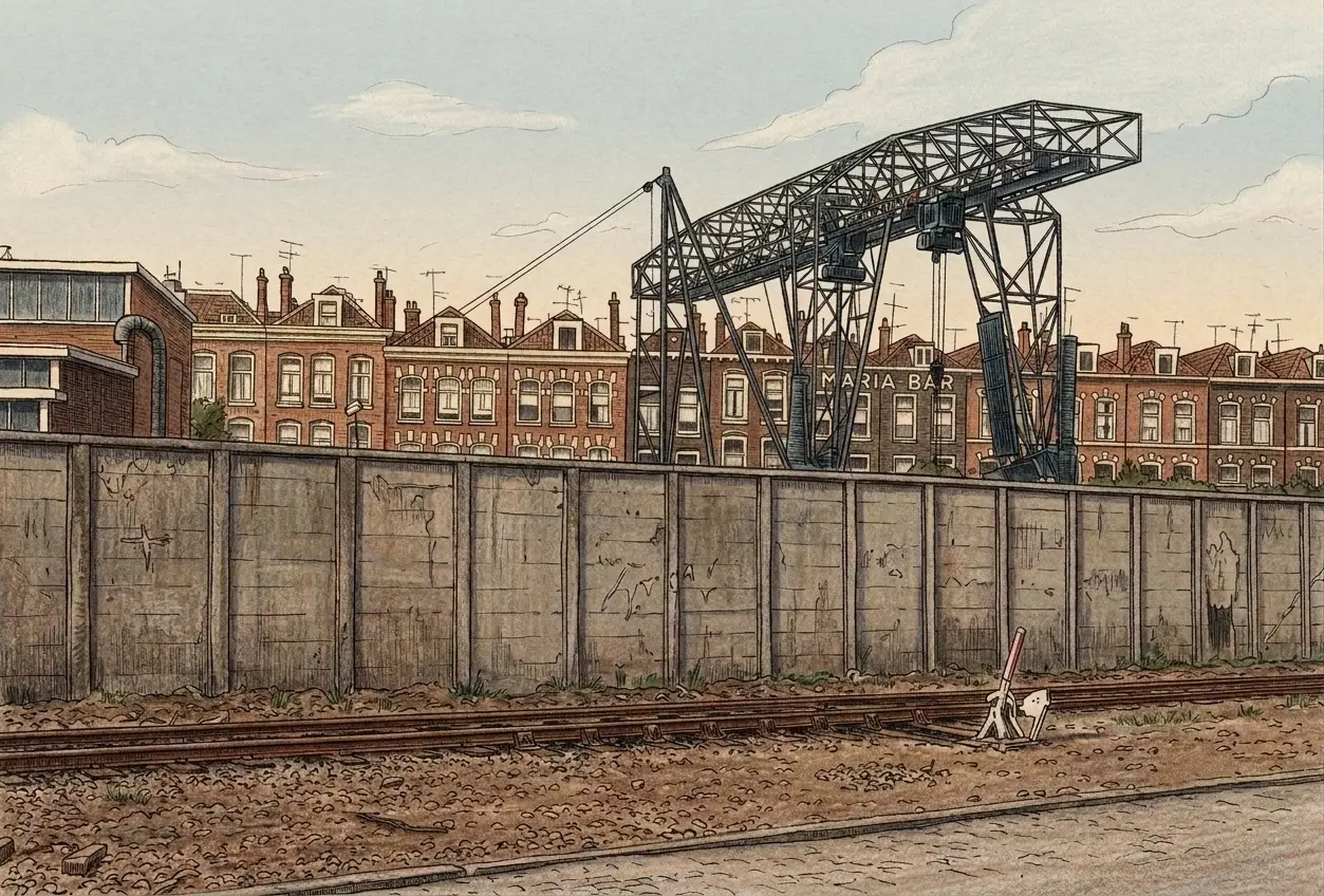 Een hoge betonnen omheining langs het spoor, met daarachter een stalen loopkraan en een rij Kaapse huizen