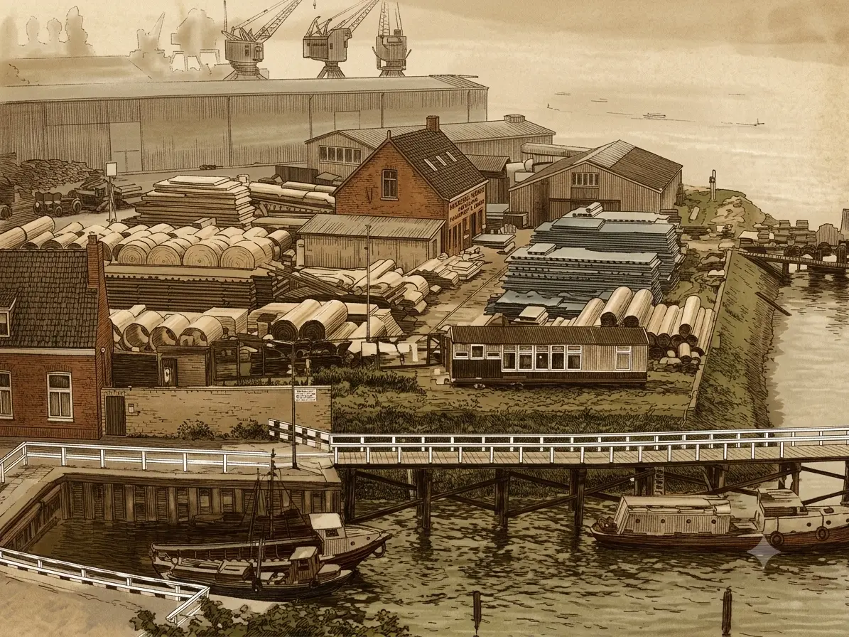 Een houten steiger met bootjes, daarachter een bedrijfsterrein vol buizen en platen, een bakstenen kantoortje en havenkranen