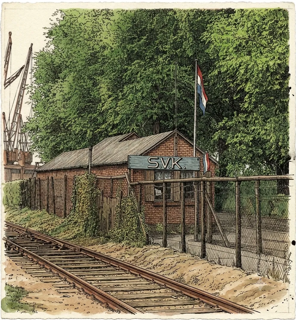 Het clubhuis van de speeltuin, met het bord S.V.K. en de Nederlandse vlag, naast het spoor
