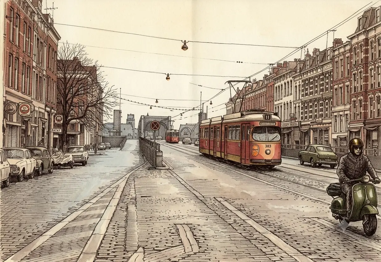 Een straat met klinkers en tramrails, met een rode tram, oude auto's en een man op een scooter