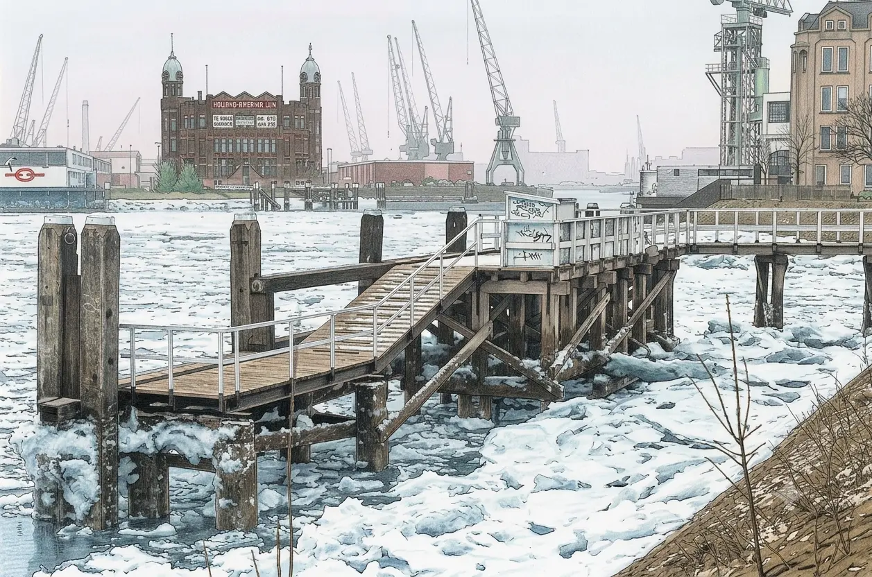 Een houten steiger in de ijskoude Maas, met aan de overkant het gebouw van de Holland-Amerika Lijn en havenkranen
