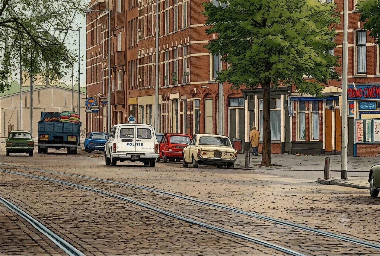 De Veerlaan met een politiewagen, geparkeerde auto’s en een bioscoop op de hoek